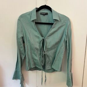 Blank NYC Green Tie-Front Blouse with Notched Collar and Bell Sleeves